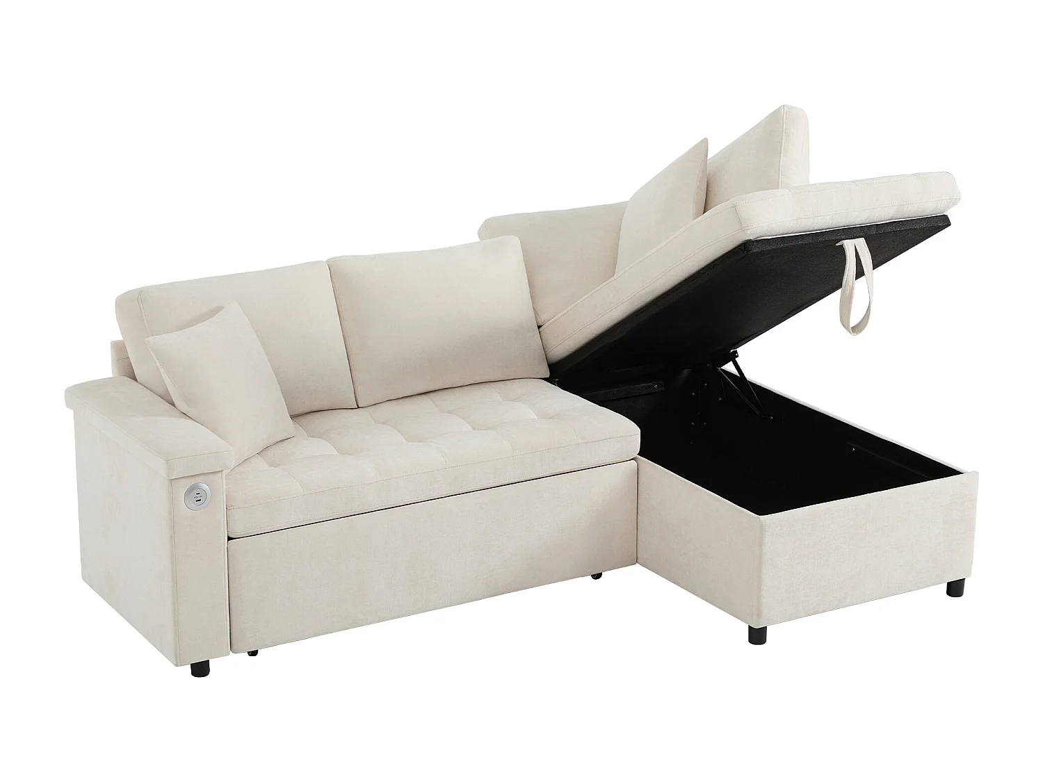 Canapé convertible 3 places avec rangements, USB et 2 coussins - Tissu chenille beige