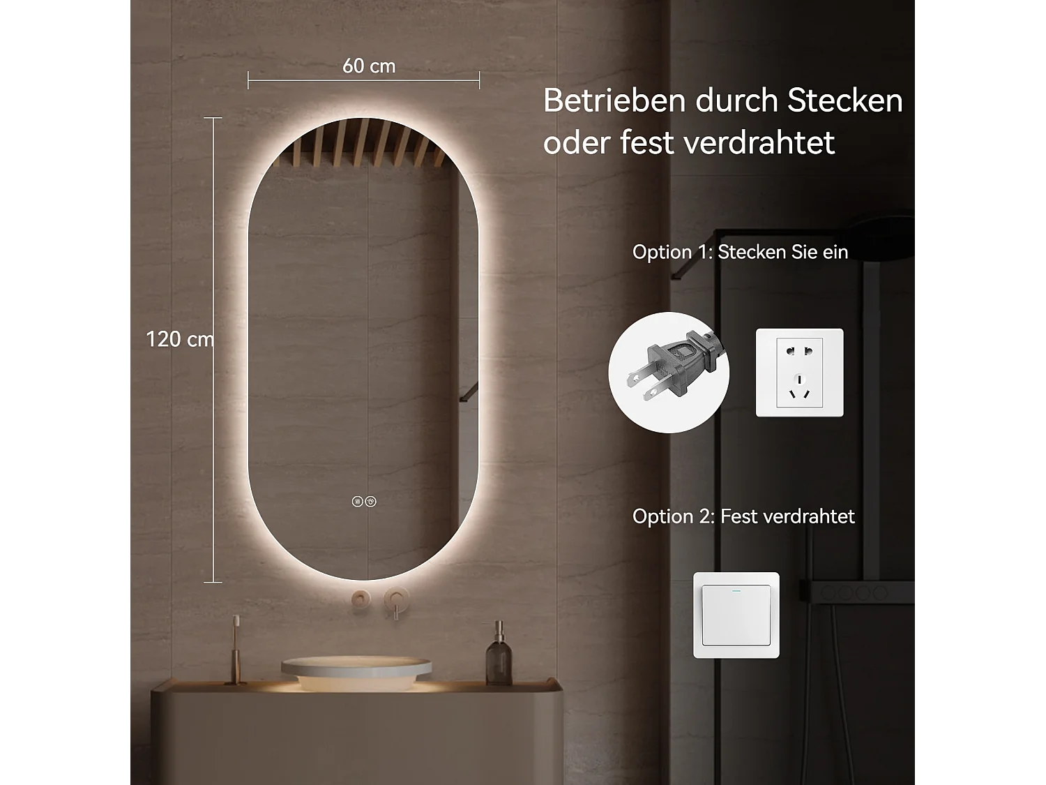 Specchio da bagno LED touch sensitive con funzione antiappannamento, 60x120 cm, vetro argentato