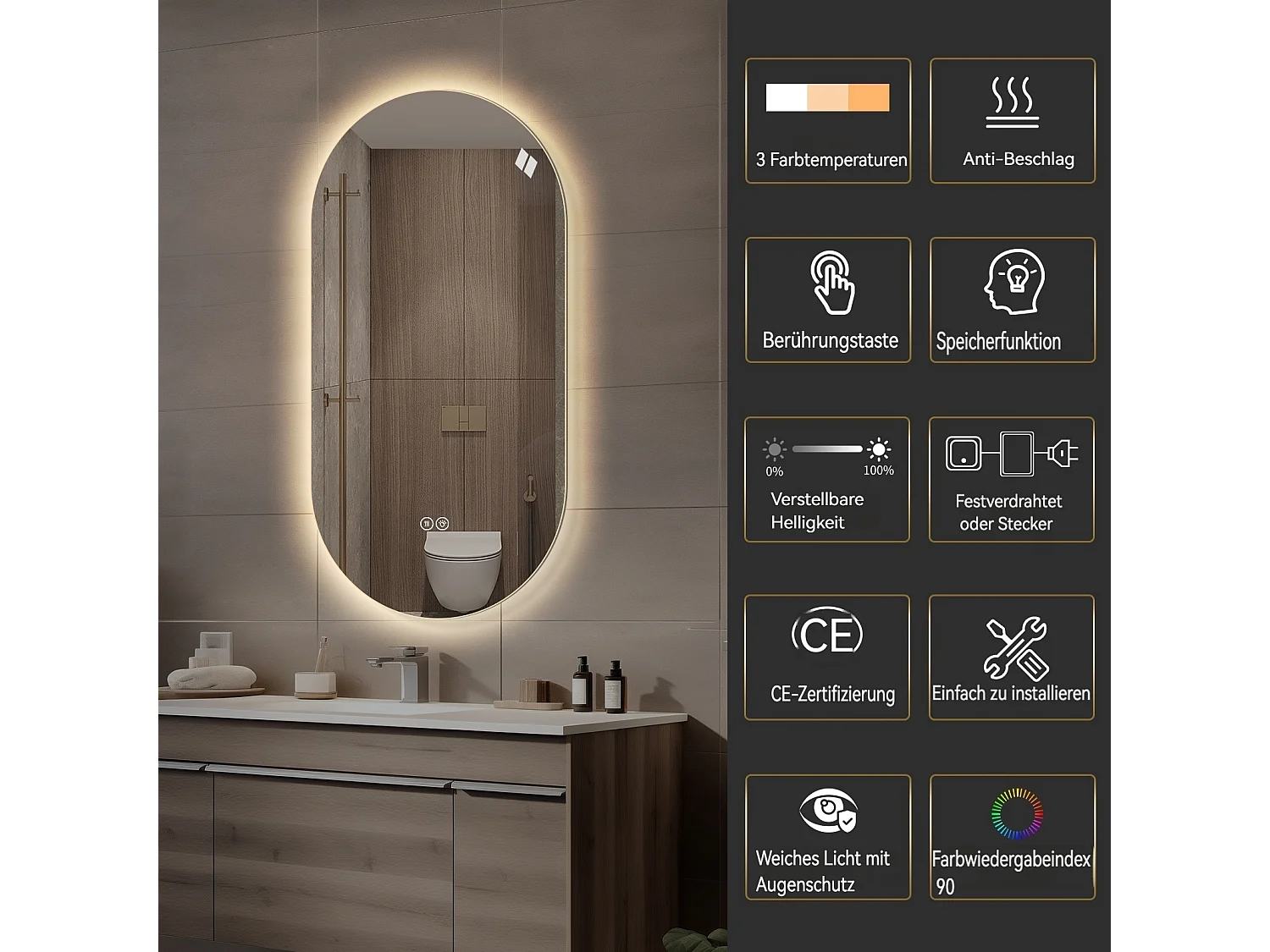 Miroir salle de bain LED tactile antibuée 60x120 cm verre argenté