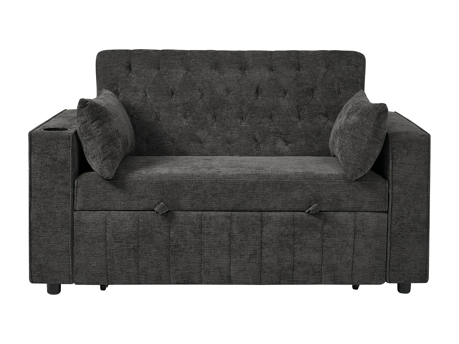 Canapé convertible 2 places avec ports USB, porte-gobelet et rangements - Chenille gris