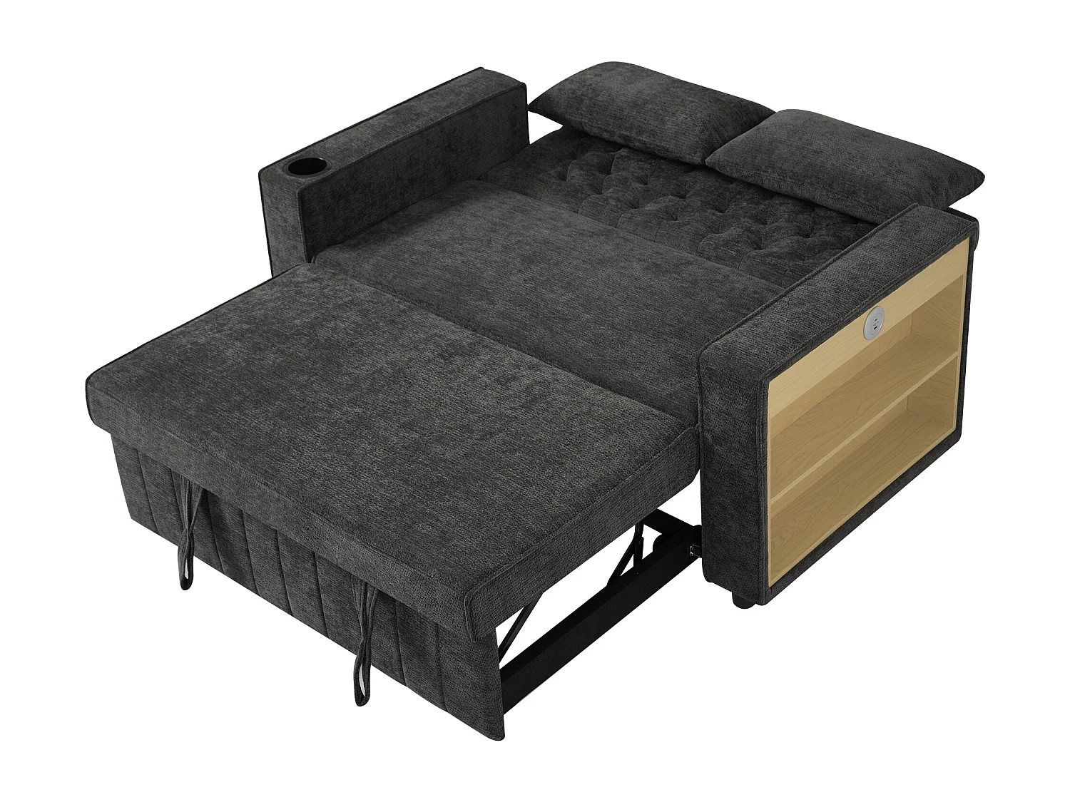 Canapé convertible 2 places avec ports USB, porte-gobelet et rangements - Chenille gris