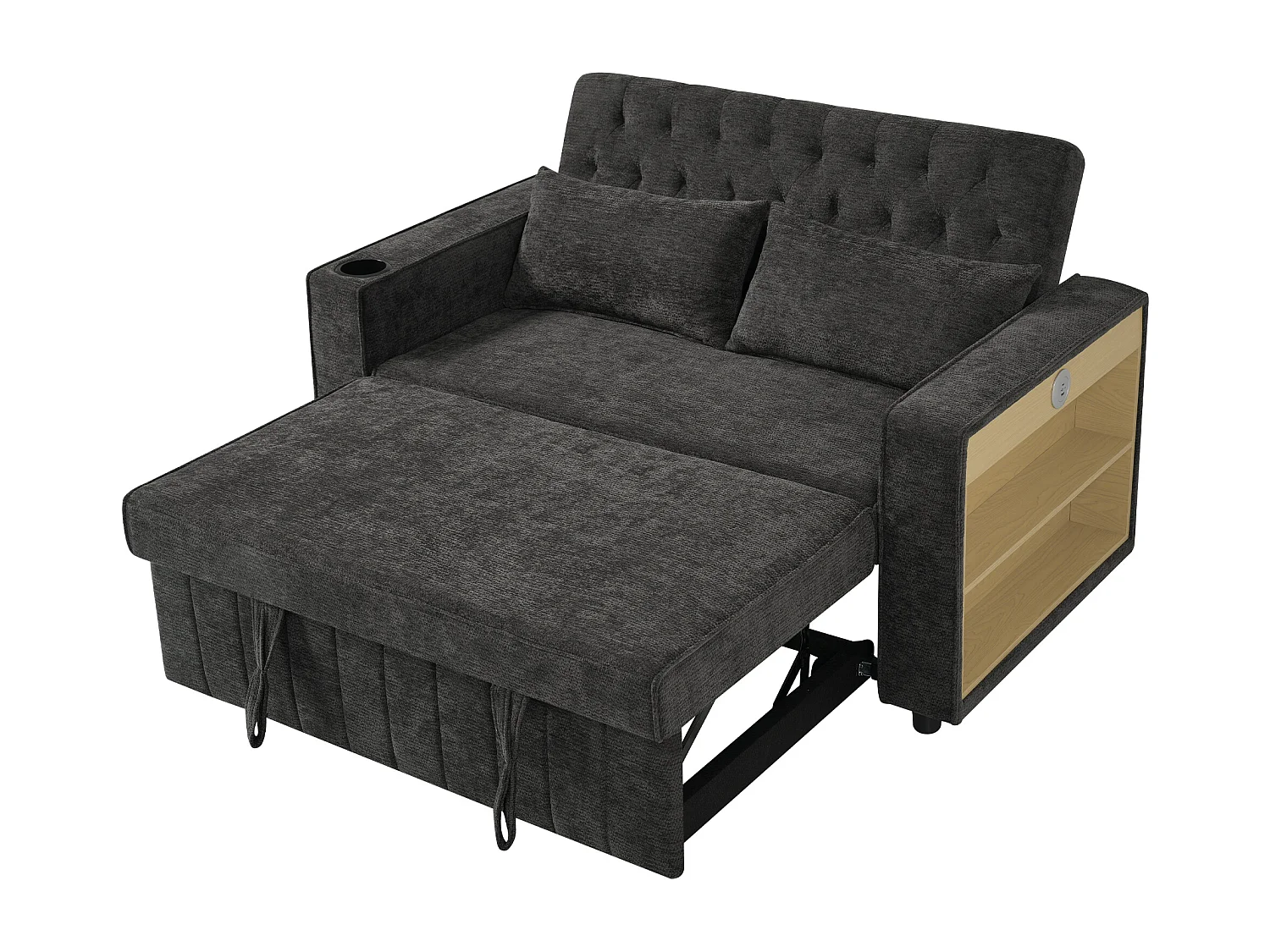 Canapé convertible 2 places avec ports USB, porte-gobelet et rangements - Chenille gris