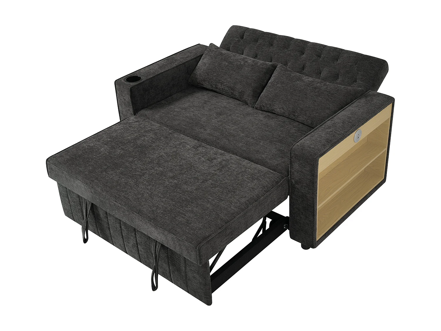 Canapé convertible 2 places avec ports USB, porte-gobelet et rangements - Chenille gris