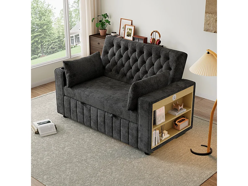 Canapé convertible 2 places avec ports USB, porte-gobelet et rangements - Chenille gris