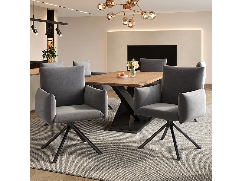 Conjunto de 4 sillas giratorias en terciopelo gris - Patas de metal - Para salón, dormitorio, oficina