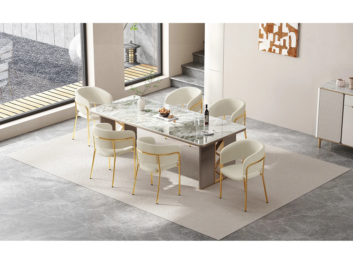 Lot de 6 chaises en tissu velours côtelé beige - Pieds métal réglables