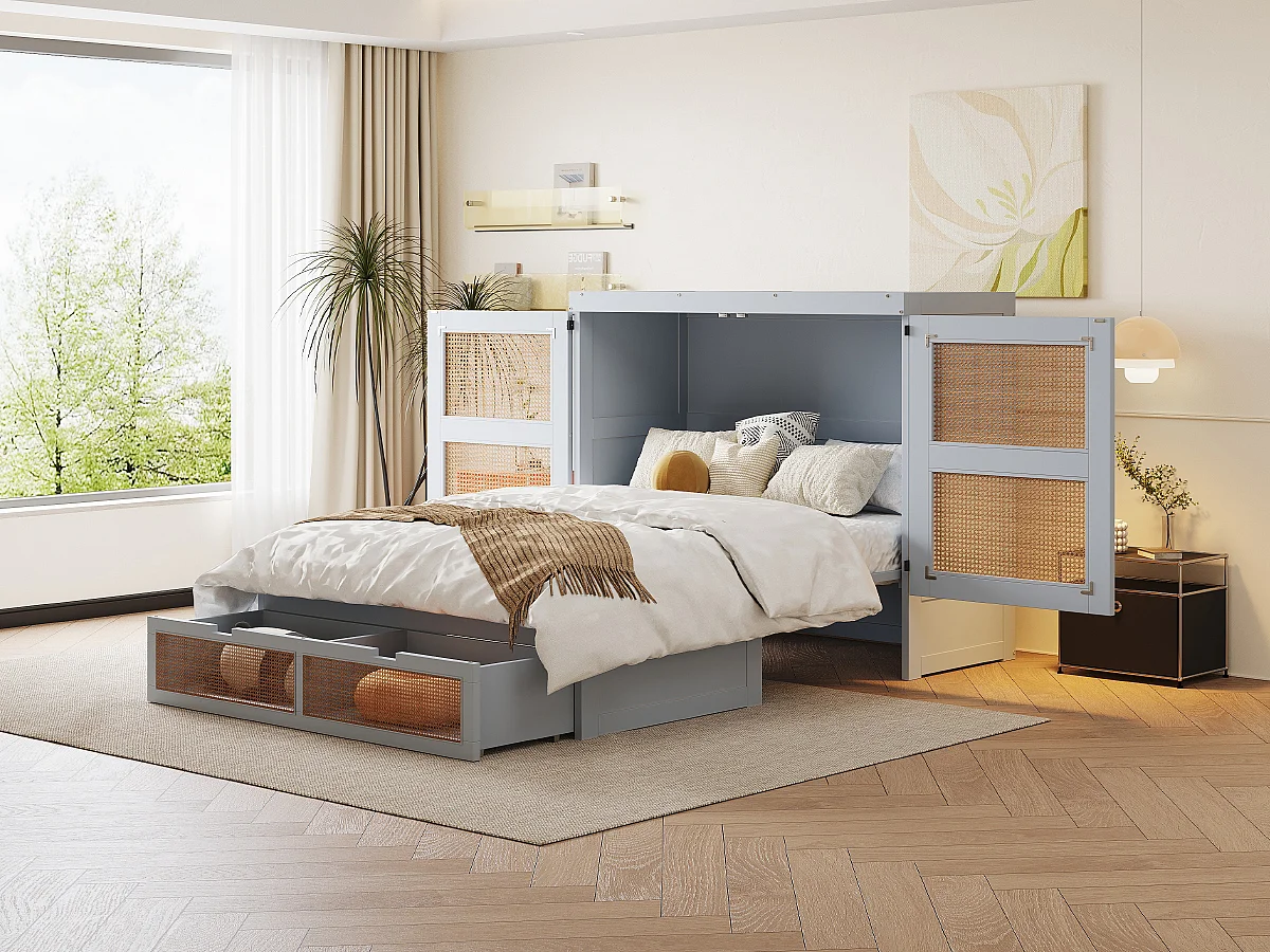 Letto a scomparsa 140x200 cm con rete a doghe e 2 cassetti - Grigio