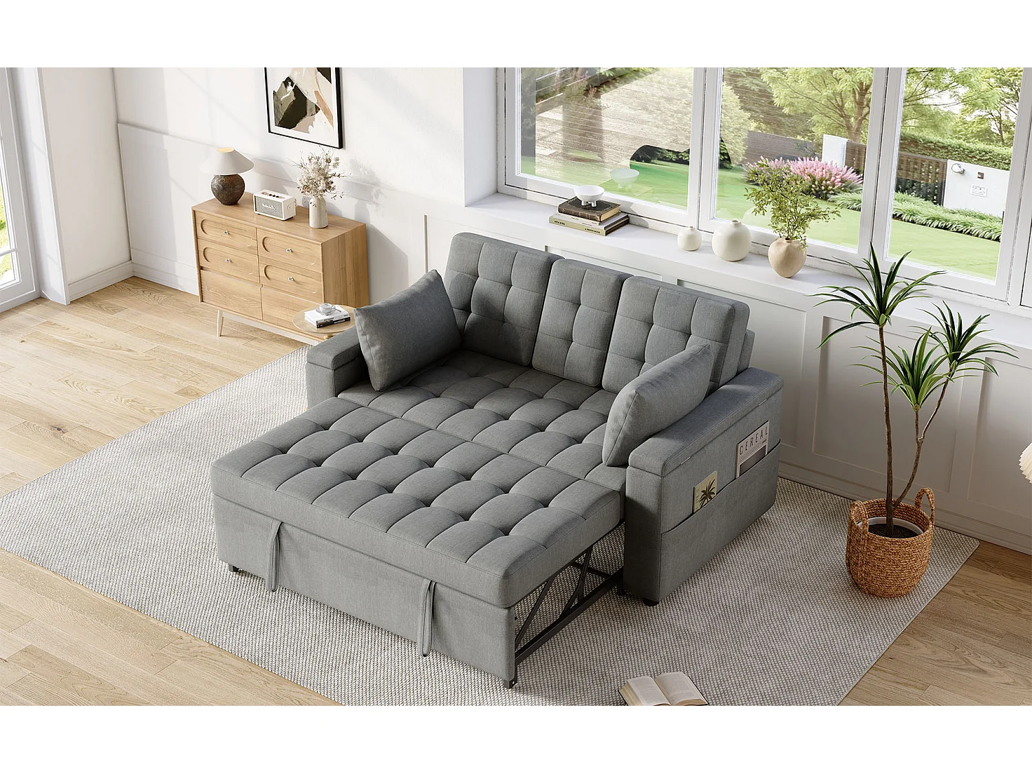 Canapé convertible 2 places avec dossier réglable et porte-gobelet - Tissu coton-lin gris