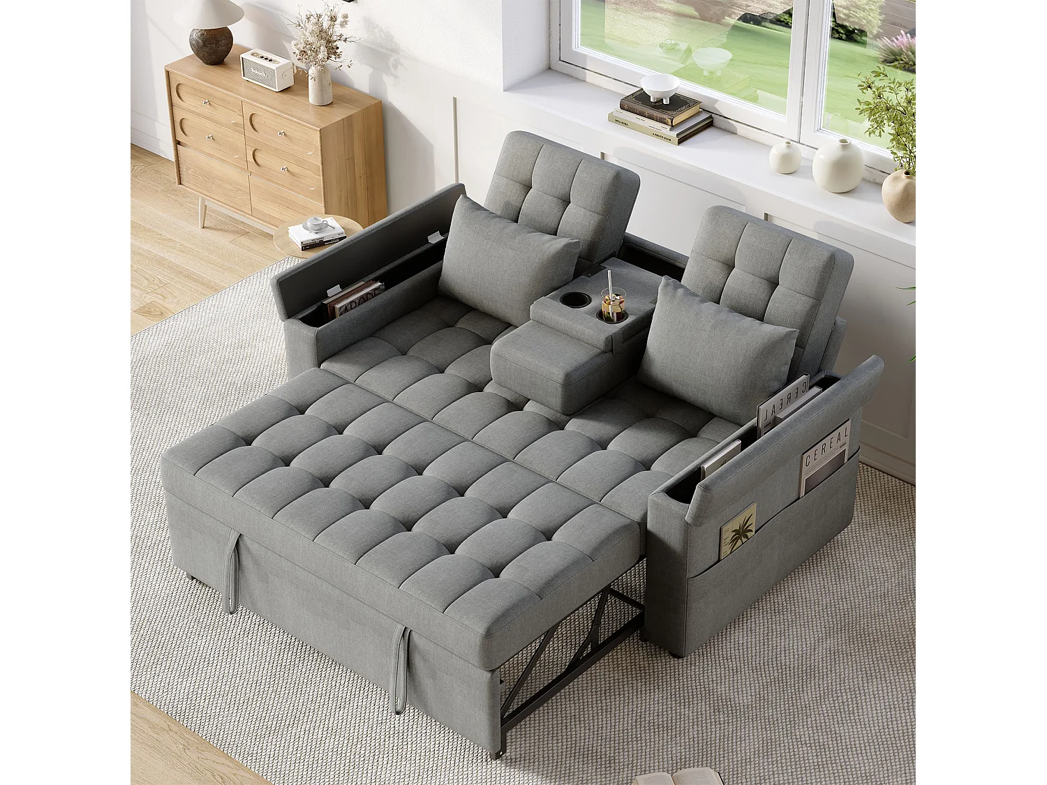 Canapé convertible 2 places avec dossier réglable et porte-gobelet - Tissu coton-lin gris