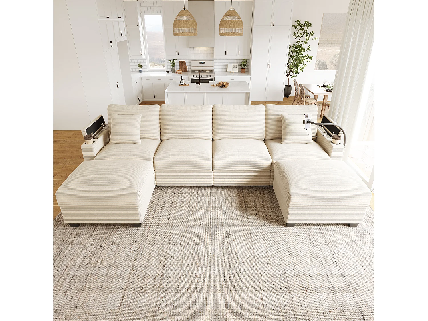 Canapé 6 places avec 2 poufs et rangement - Velours côtelé beige