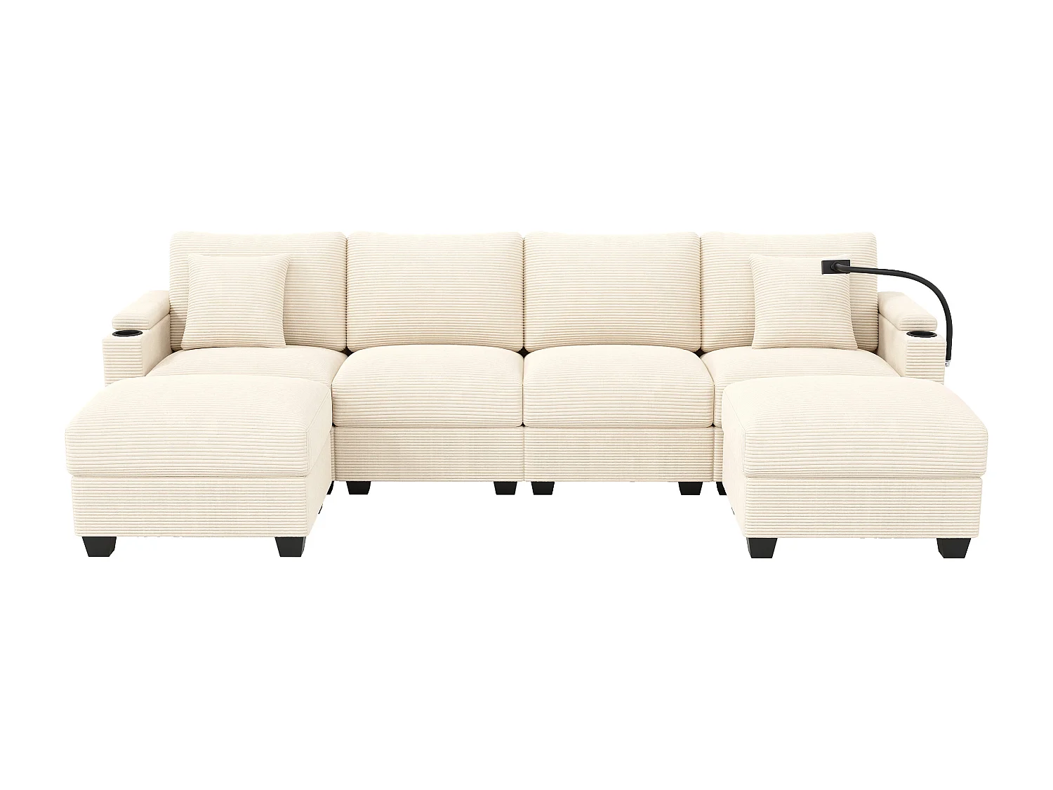 Canapé 6 places avec 2 poufs et rangement - Velours côtelé beige