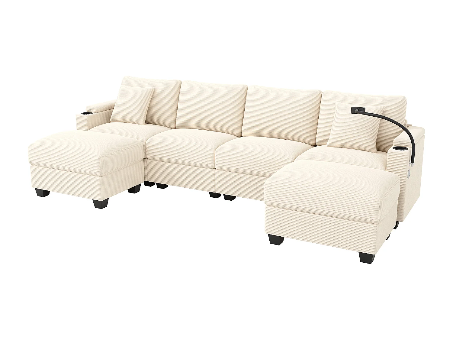 Canapé 6 places avec 2 poufs et rangement - Velours côtelé beige