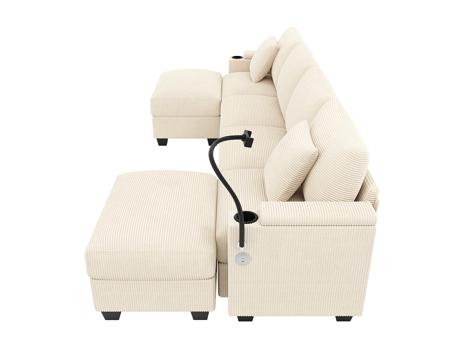 Canapé 6 places avec 2 poufs et rangement - Velours côtelé beige