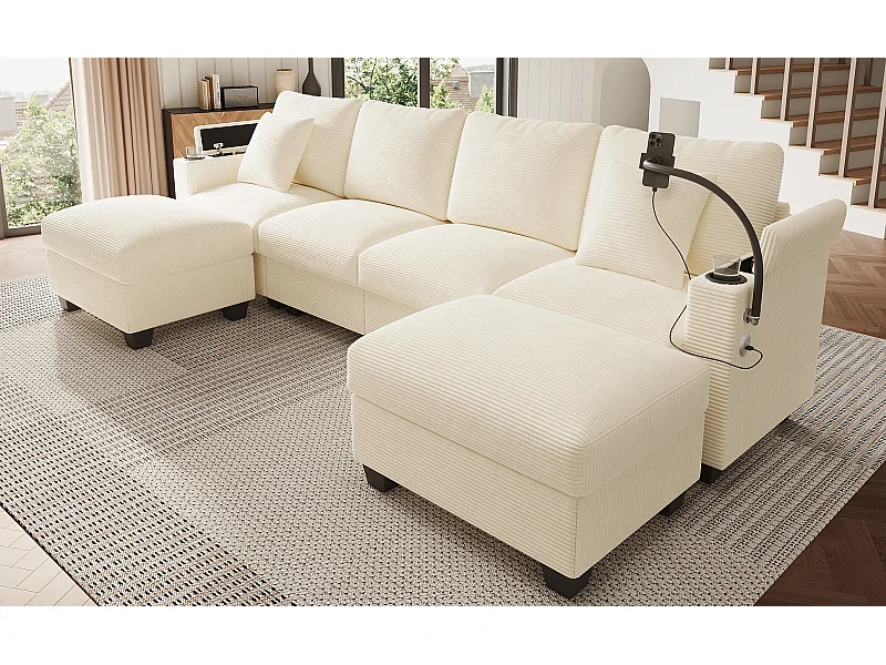 Canapé 6 places avec 2 poufs et rangement - Velours côtelé beige