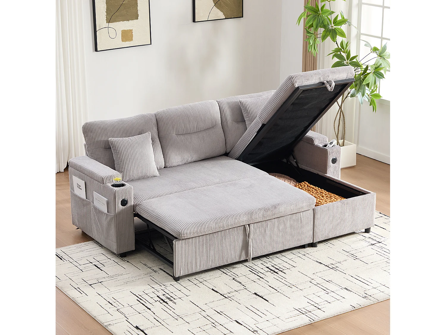 Canapé convertible 3 places en velours côtelé gris clair - Rangement, porte-gobelets et port USB