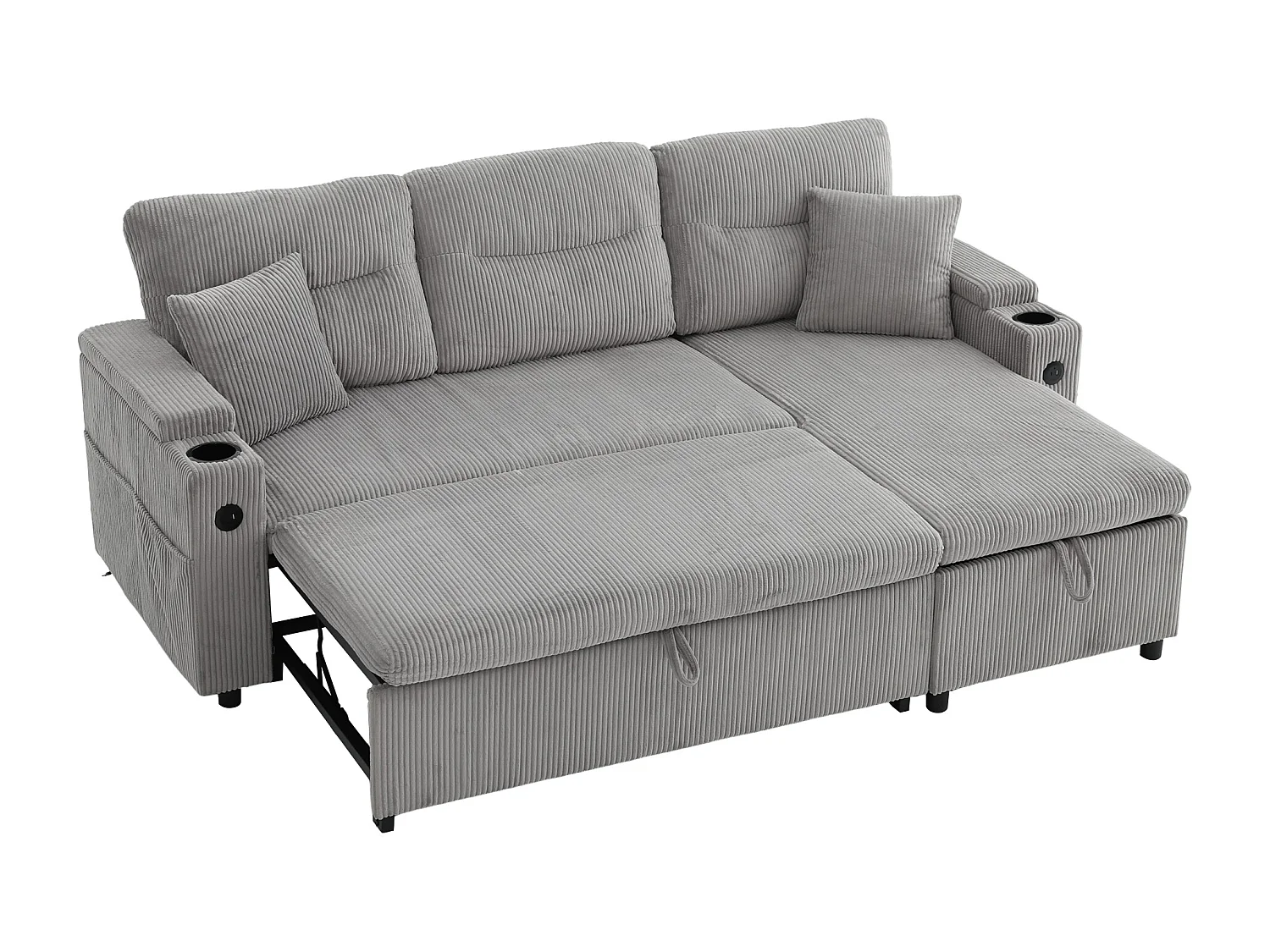 Canapé convertible 3 places en velours côtelé gris clair - Rangement, porte-gobelets et port USB