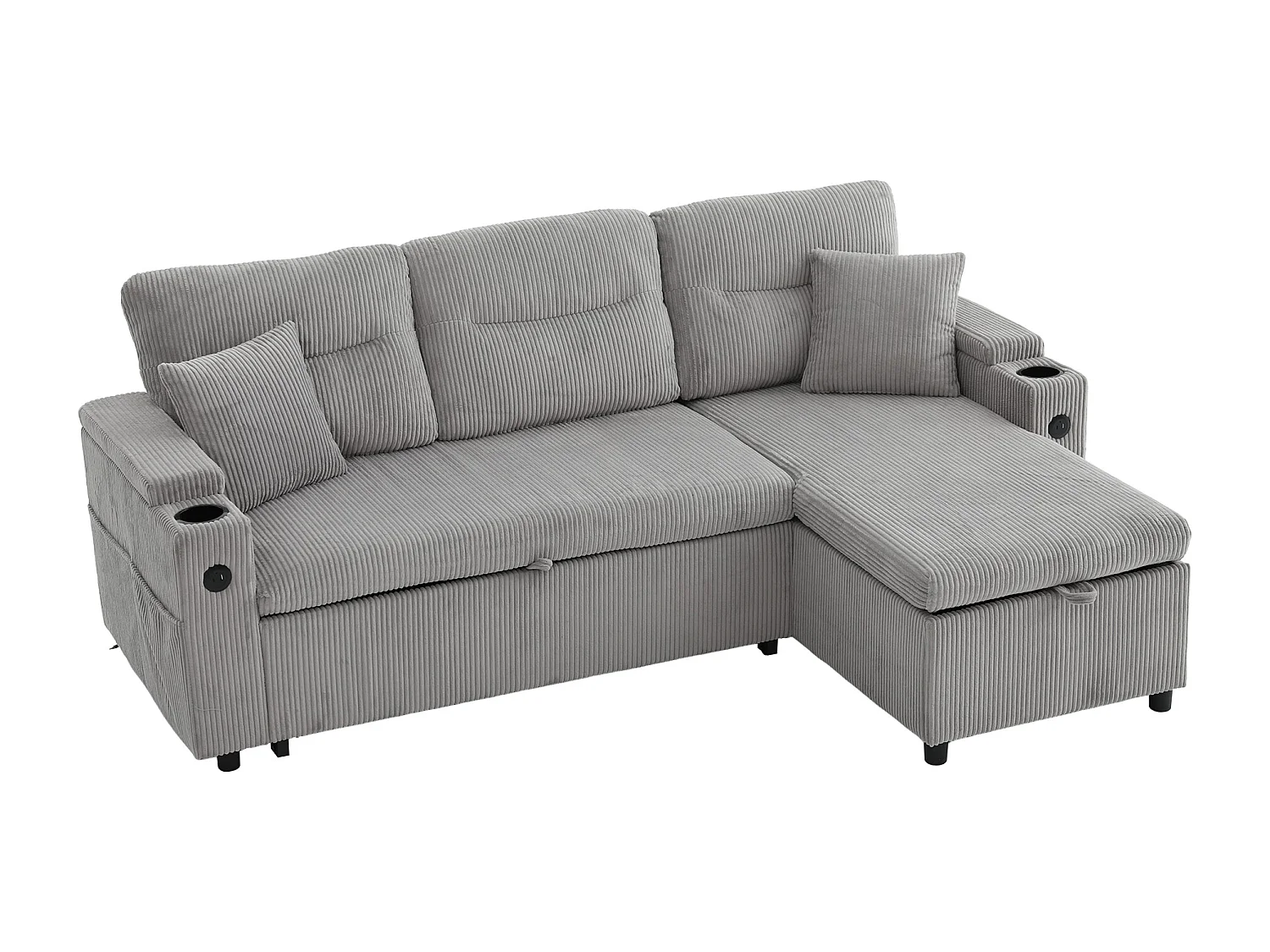 Canapé convertible 3 places en velours côtelé gris clair - Rangement, porte-gobelets et port USB