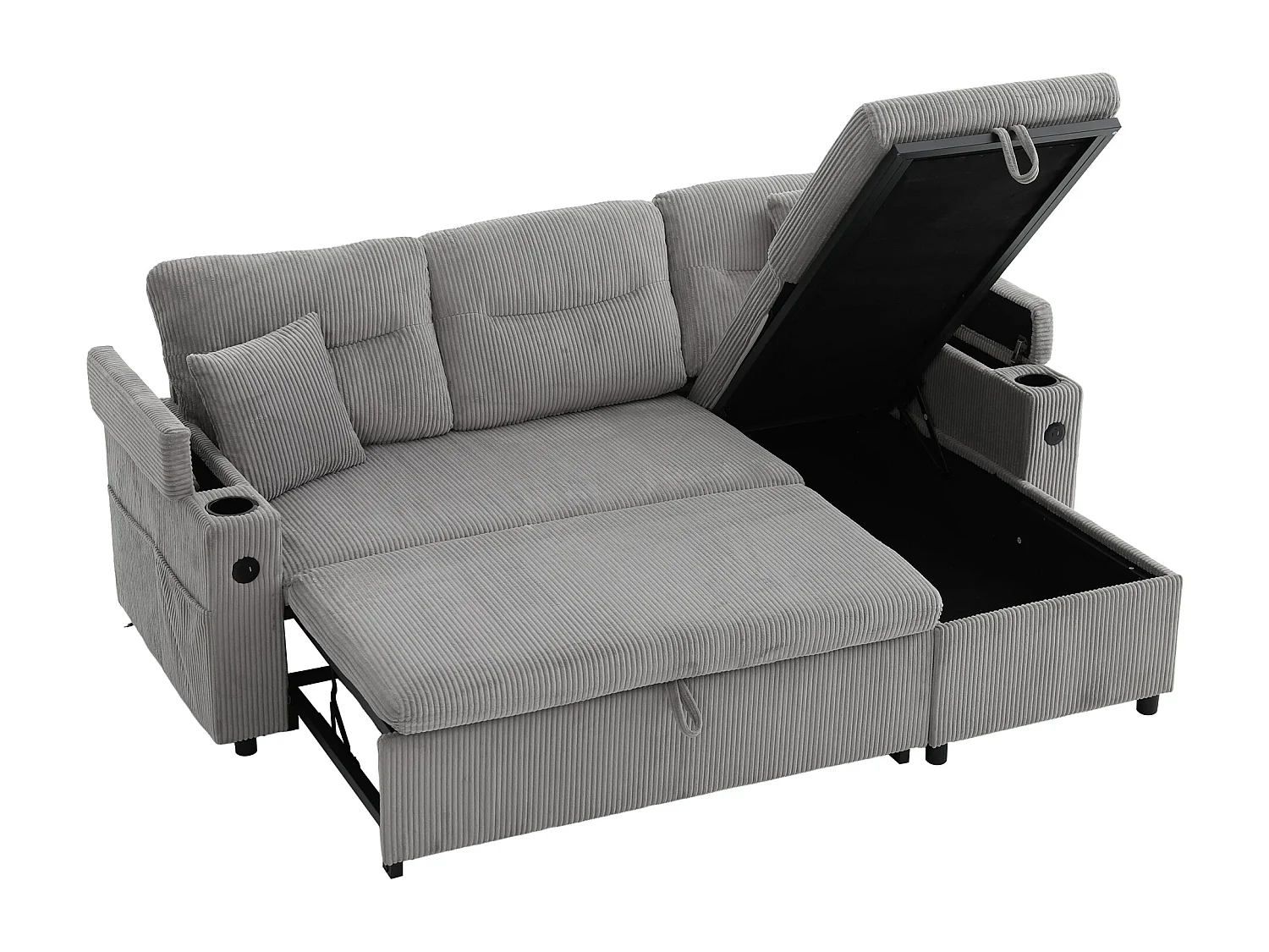 Canapé convertible 3 places en velours côtelé gris clair - Rangement, porte-gobelets et port USB