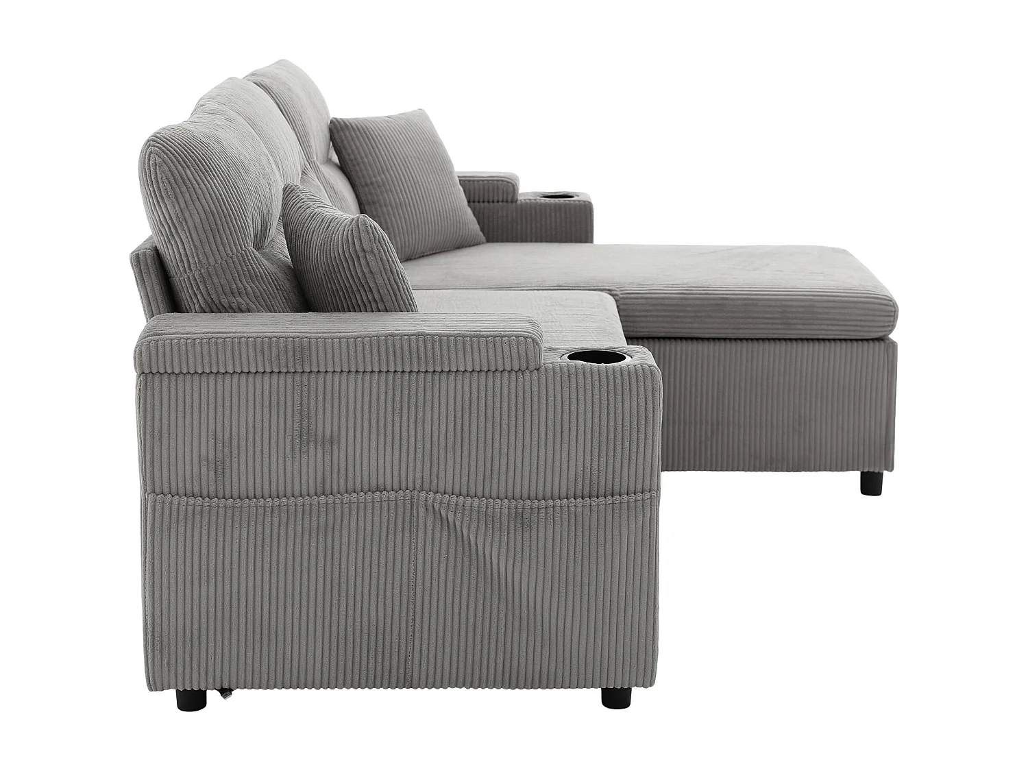 Canapé convertible 3 places en velours côtelé gris clair - Rangement, porte-gobelets et port USB