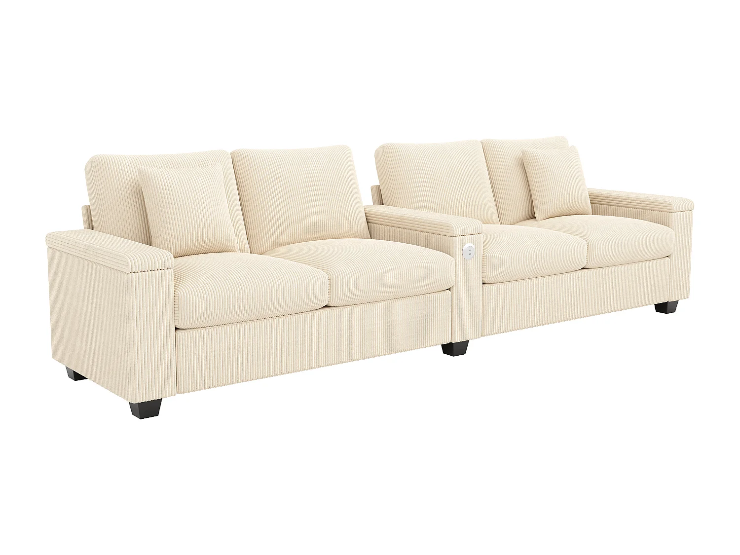 Canapé 4 places avec ports USB/Type-C et rangements - Velours côtelé beige