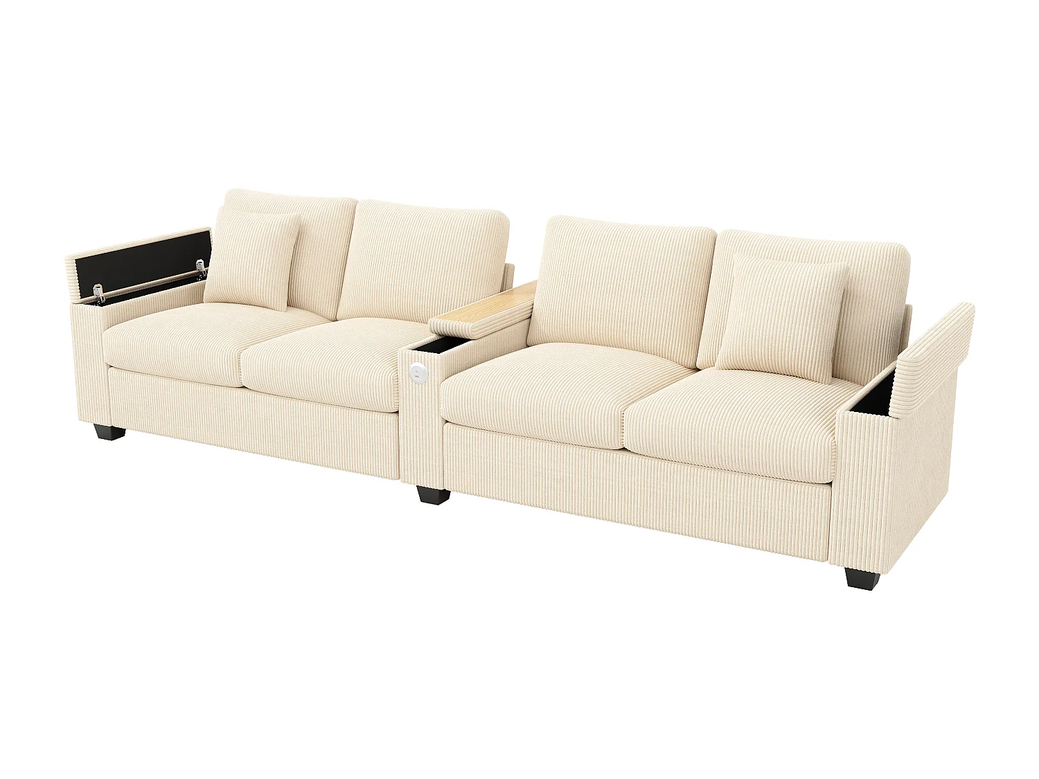 Canapé 4 places avec ports USB/Type-C et rangements - Velours côtelé beige