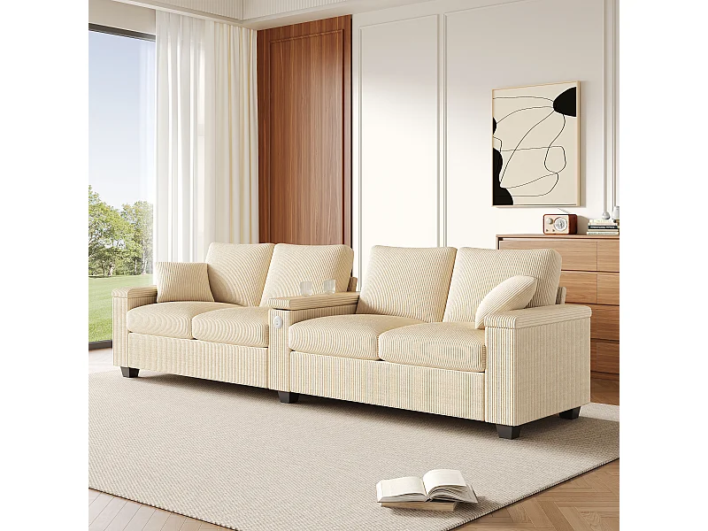 Divano a 4 posti con porte USB/Type-C e spazio di archiviazione - Velluto a coste beige