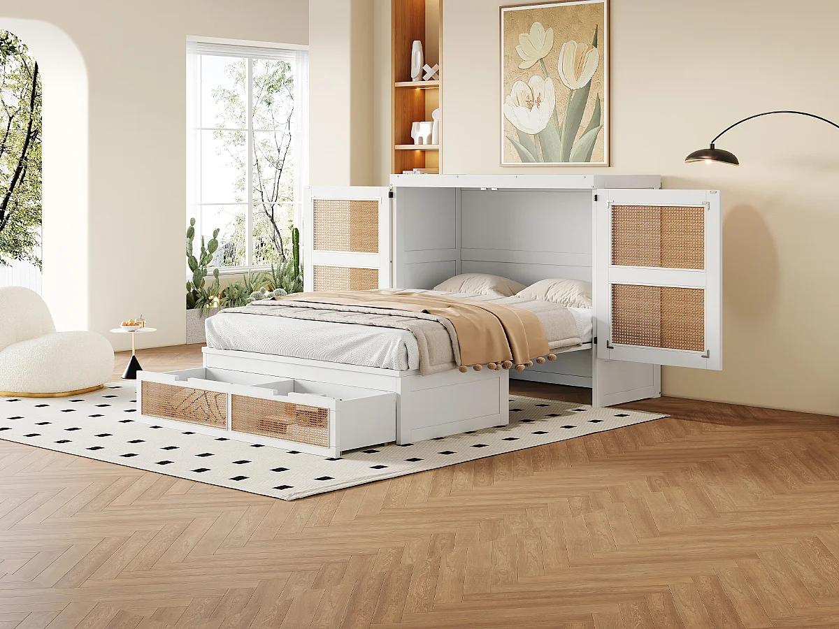 Letto a scomparsa 140x200 cm con rete a doghe e 2 cassetti - Bianco