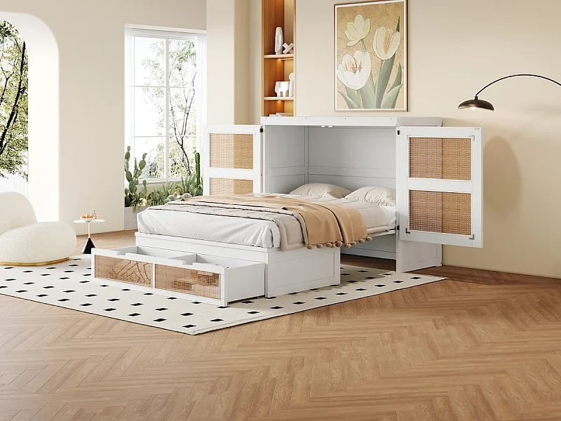 Letto a scomparsa 140x200 cm con rete a doghe e 2 cassetti - Bianco