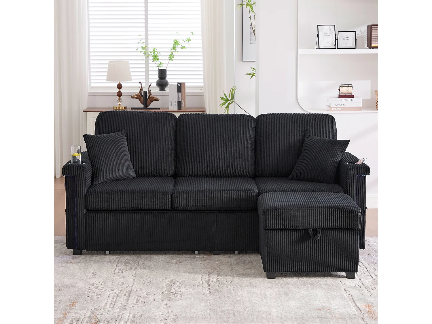 Canapé d'angle 3 places en velours côtelé noir - Avec LED, ports USB/Type-C et 2 tiroirs