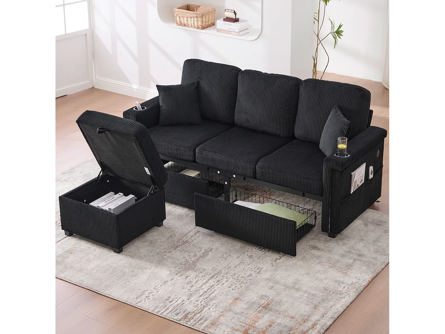 Canapé d'angle 3 places en velours côtelé noir - Avec LED, ports USB/Type-C et 2 tiroirs