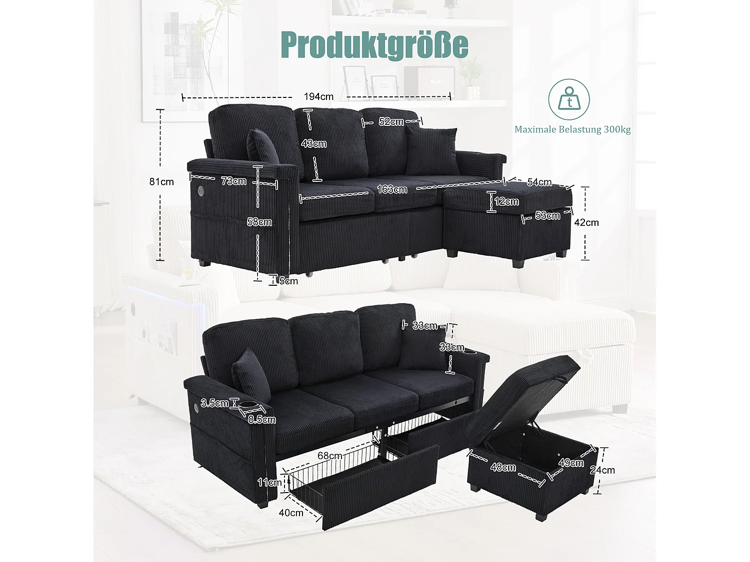 Canapé d'angle 3 places en velours côtelé noir - Avec LED, ports USB/Type-C et 2 tiroirs