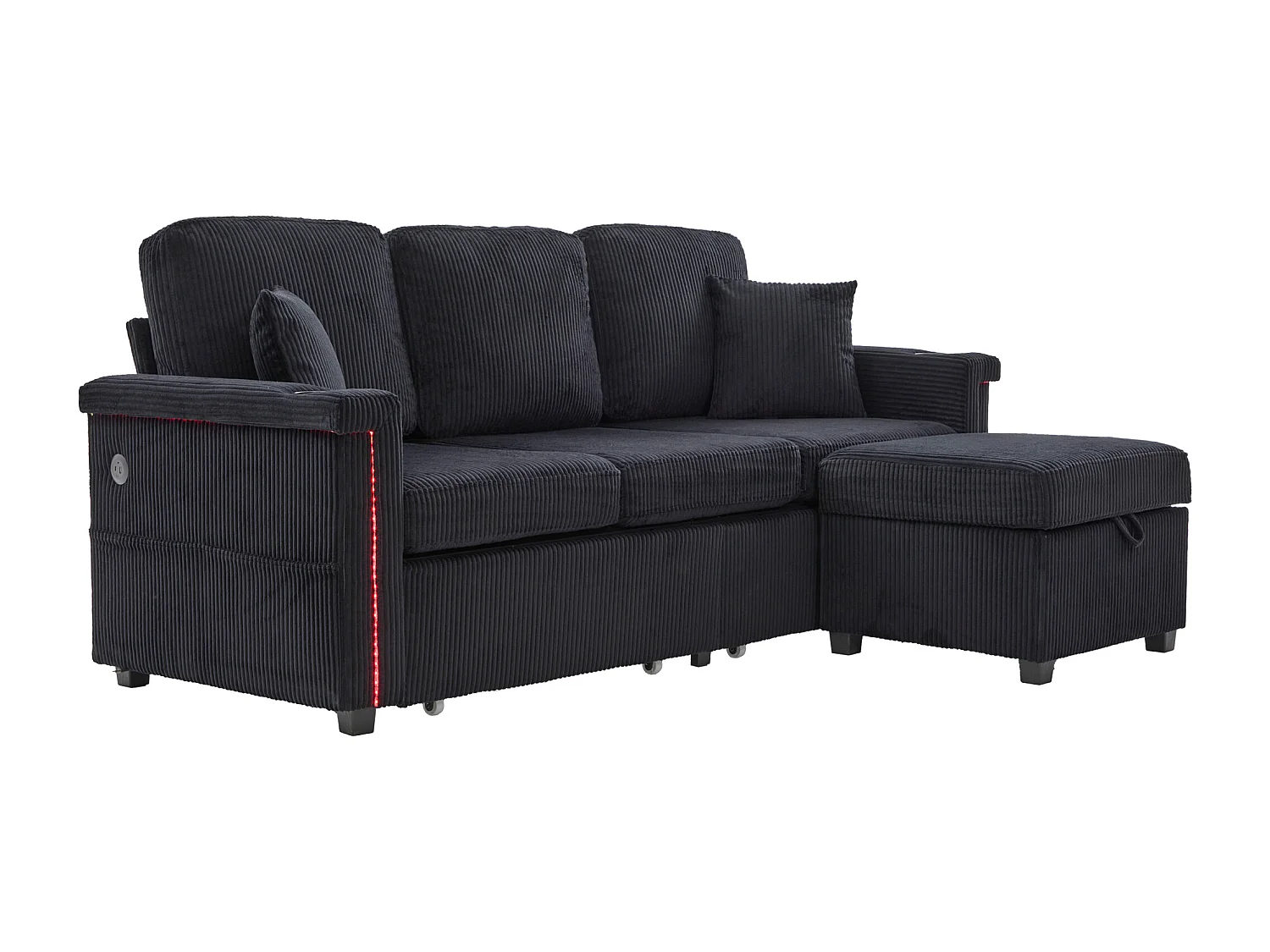 Canapé d'angle 3 places en velours côtelé noir - Avec LED, ports USB/Type-C et 2 tiroirs