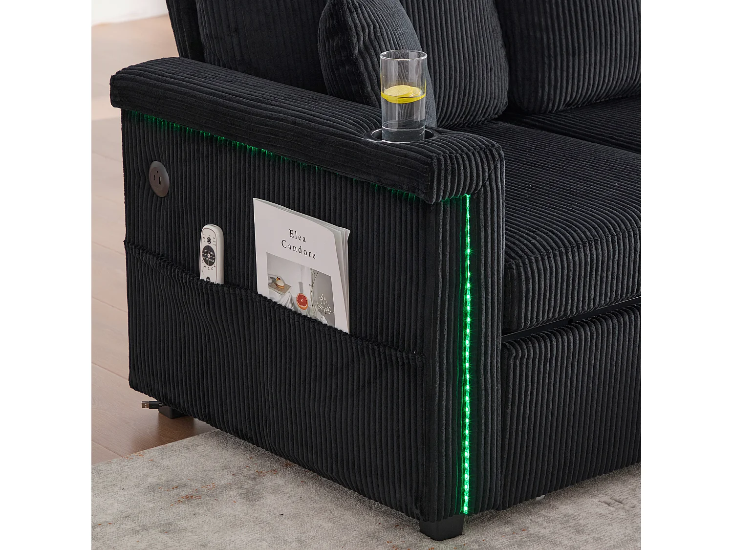 Canapé d'angle 3 places en velours côtelé noir - Avec LED, ports USB/Type-C et 2 tiroirs