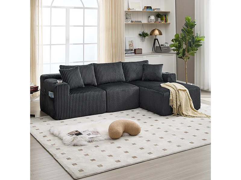 Sofá esquinero de 3 plazas con chaise longue y 5 cojines - Tejido de pana - Gris