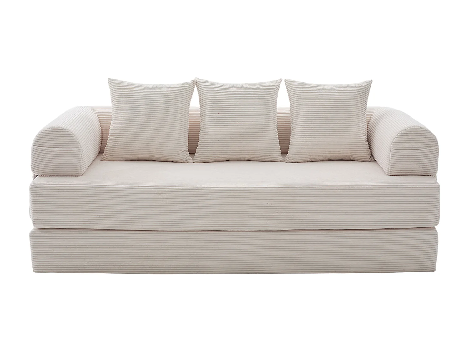 Canapé convertible 3 places modulable avec 3 coussins et poche latérale - Velours côtelé beige