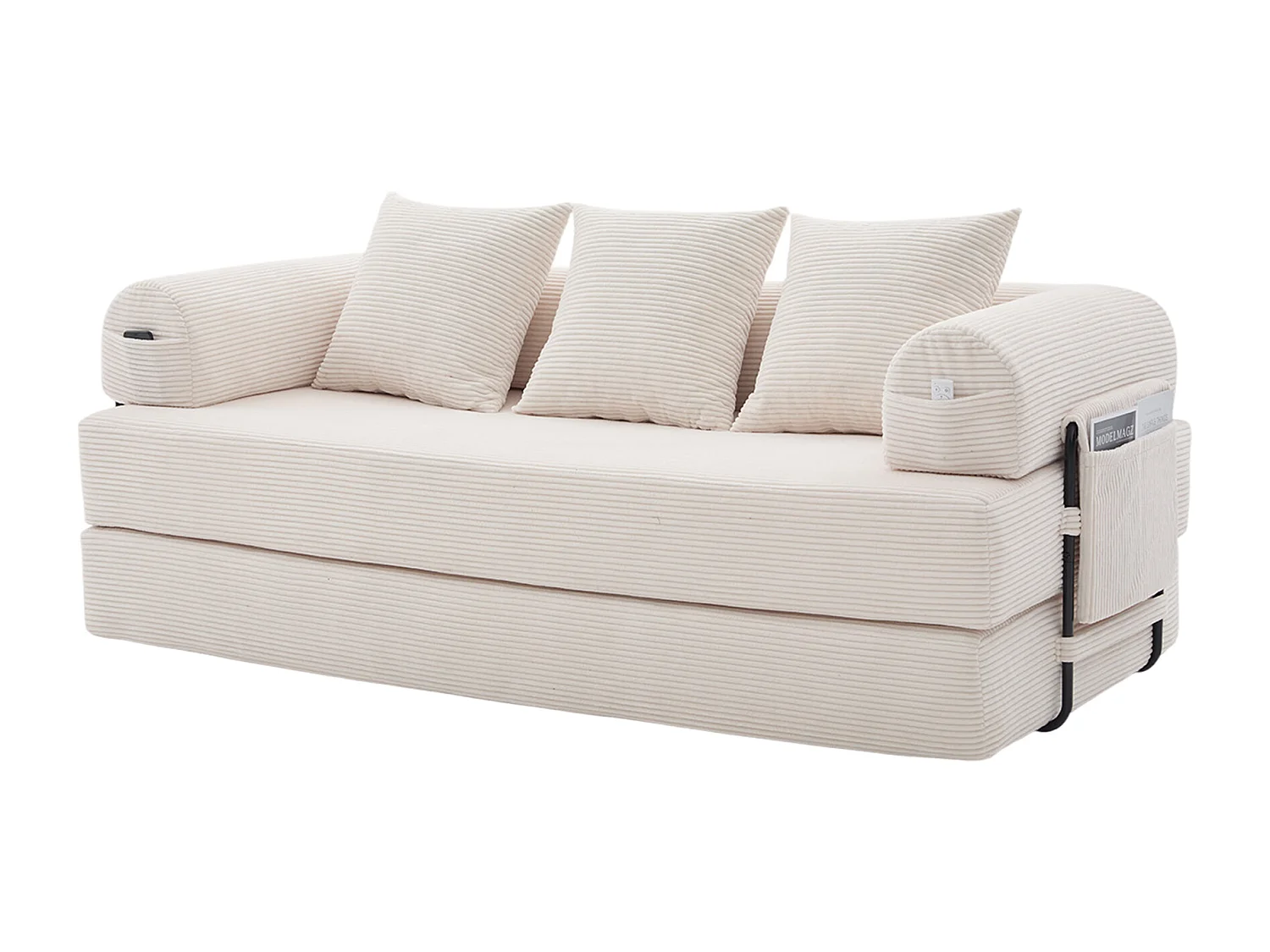 Canapé convertible 3 places modulable avec 3 coussins et poche latérale - Velours côtelé beige