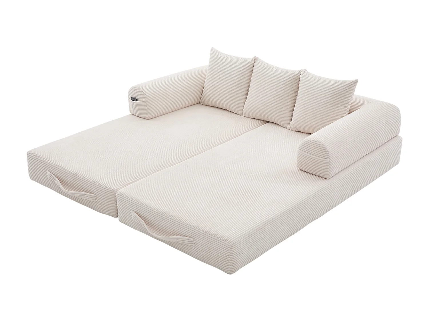 Canapé convertible 3 places modulable avec 3 coussins et poche latérale - Velours côtelé beige