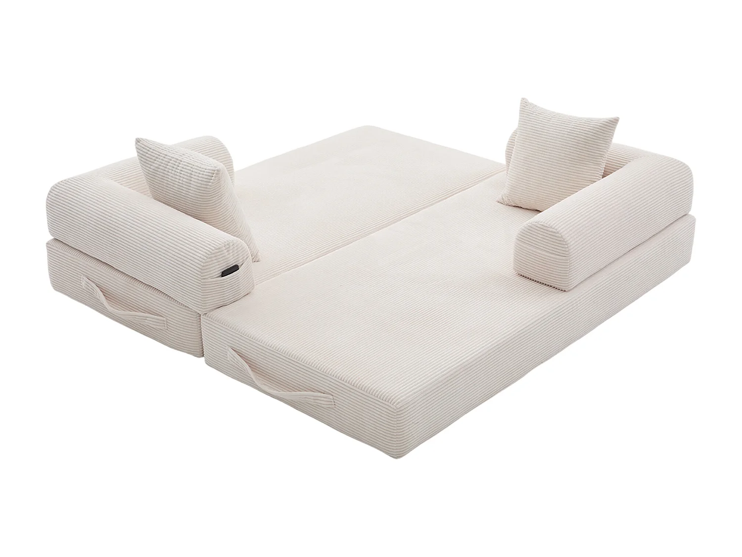 Canapé convertible 3 places modulable avec 3 coussins et poche latérale - Velours côtelé beige