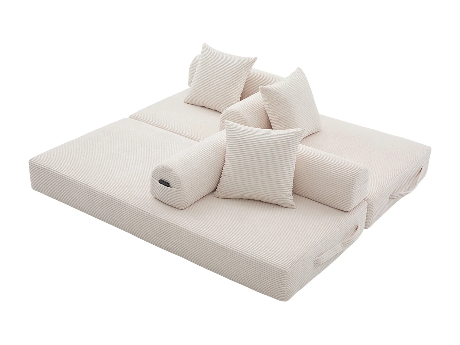 Canapé convertible 3 places modulable avec 3 coussins et poche latérale - Velours côtelé beige