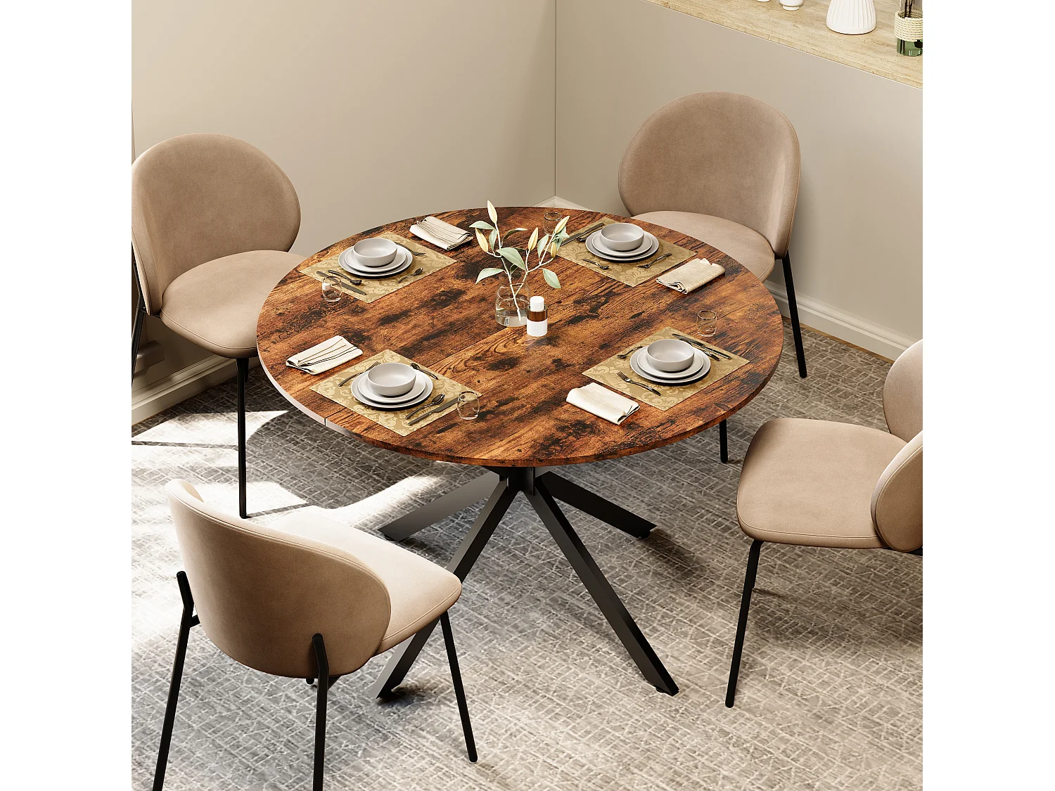 Ronde eettafel 120 cm - Vintage bruine kleur - Voor keuken en woonkamer