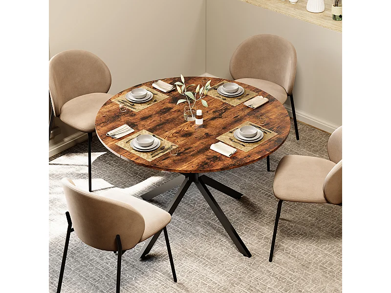 Table à manger ronde 120 cm - Couleur marron vintage - Pour cuisine et salon