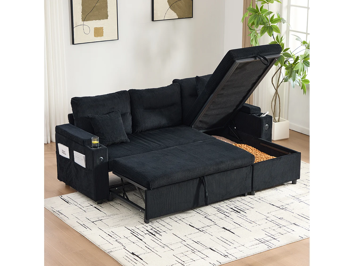 Sofá convertible de 3 plazas en pana negra - Almacenamiento, portavasos y puerto USB