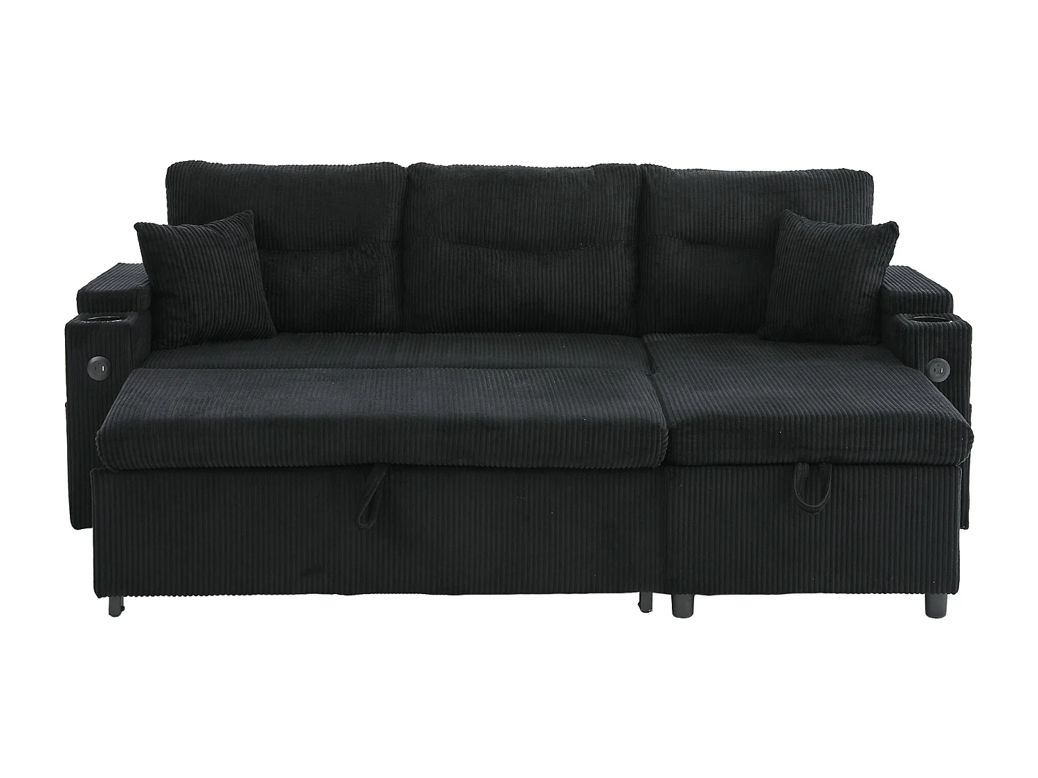 Sofá convertible de 3 plazas en pana negra - Almacenamiento, portavasos y puerto USB