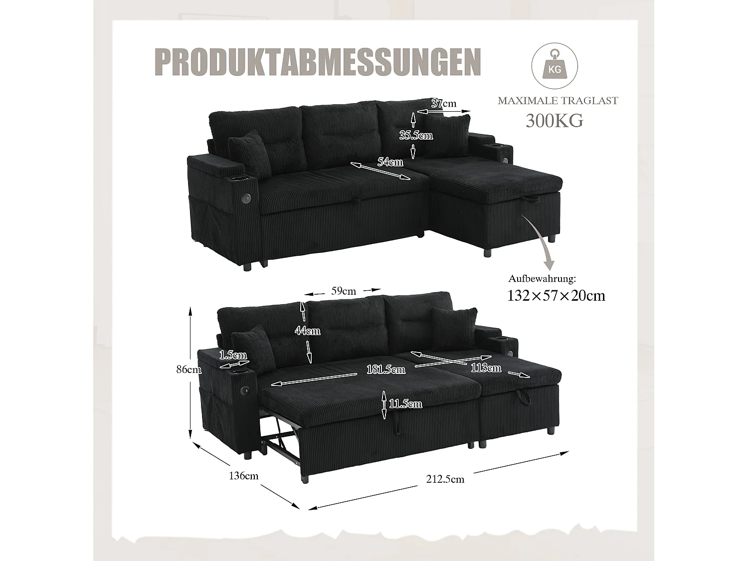 Sofá convertible de 3 plazas en pana negra - Almacenamiento, portavasos y puerto USB