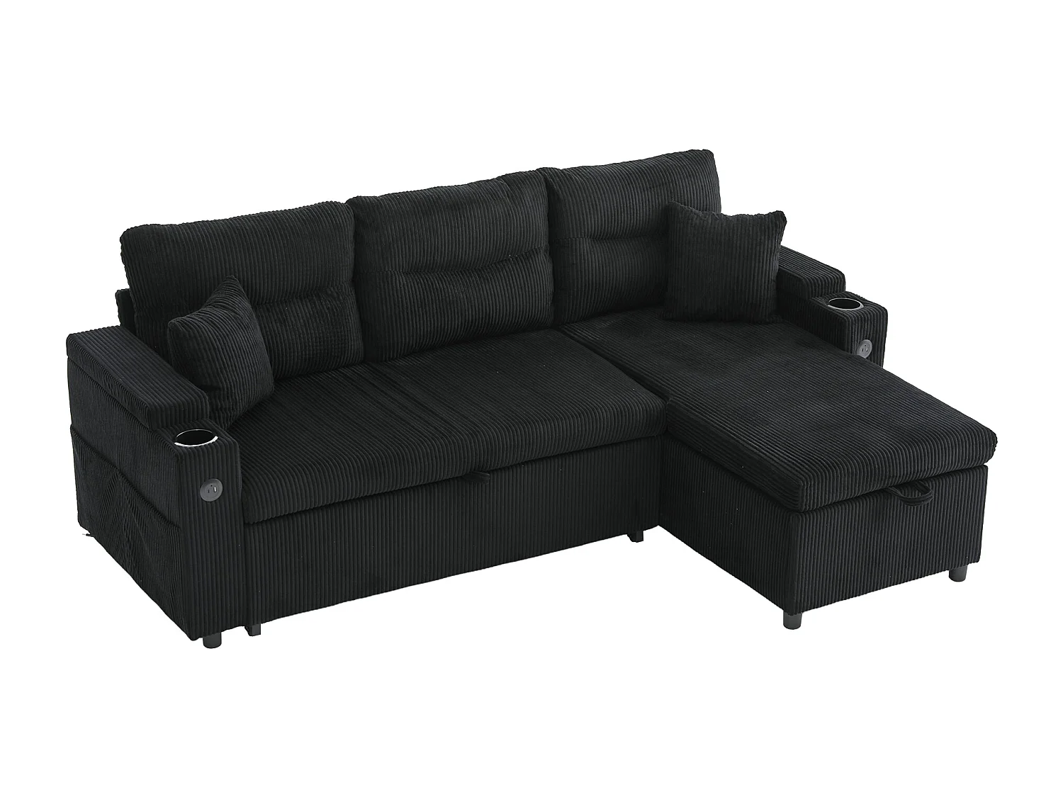 Sofá convertible de 3 plazas en pana negra - Almacenamiento, portavasos y puerto USB