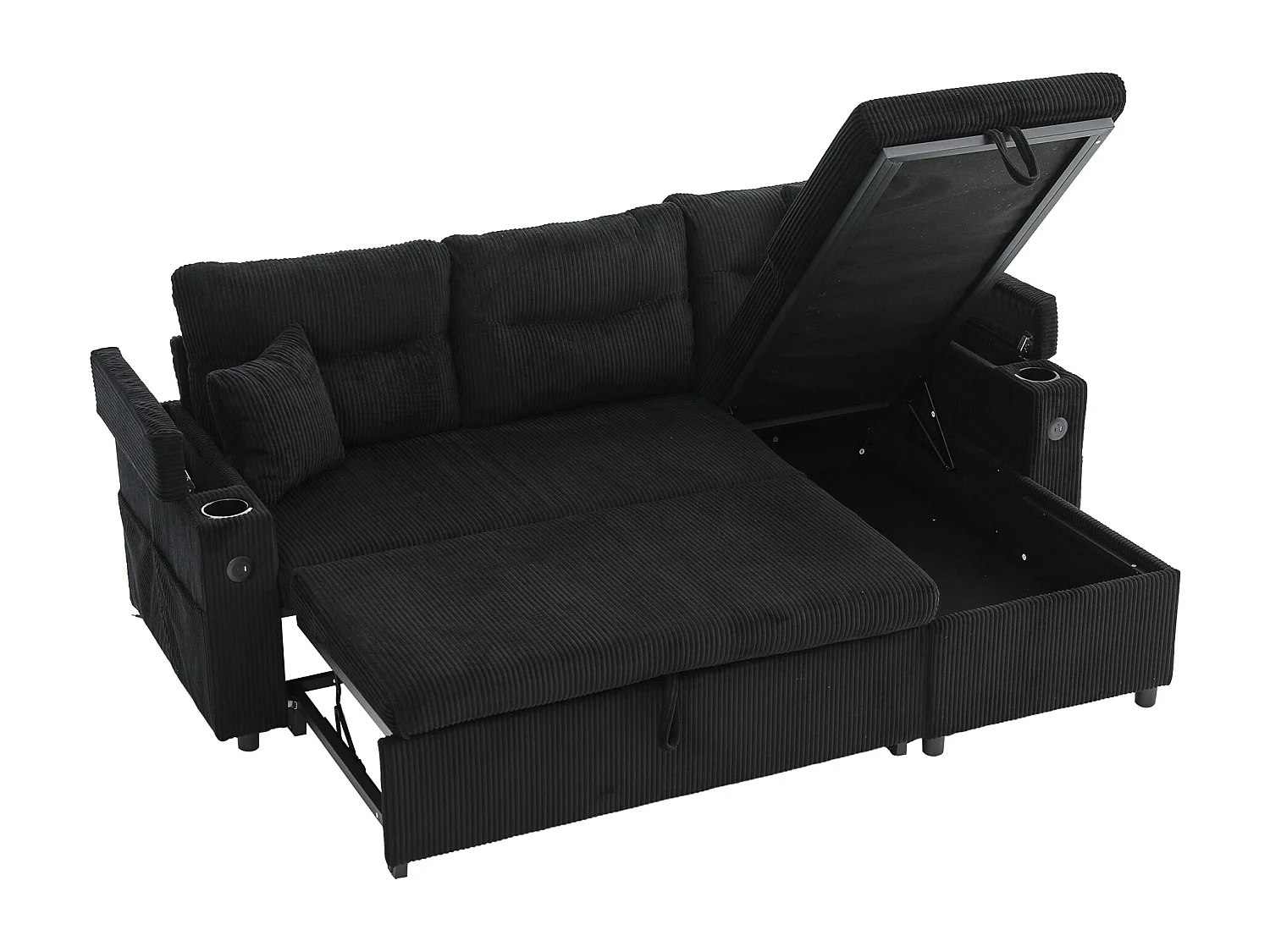 Sofá convertible de 3 plazas en pana negra - Almacenamiento, portavasos y puerto USB