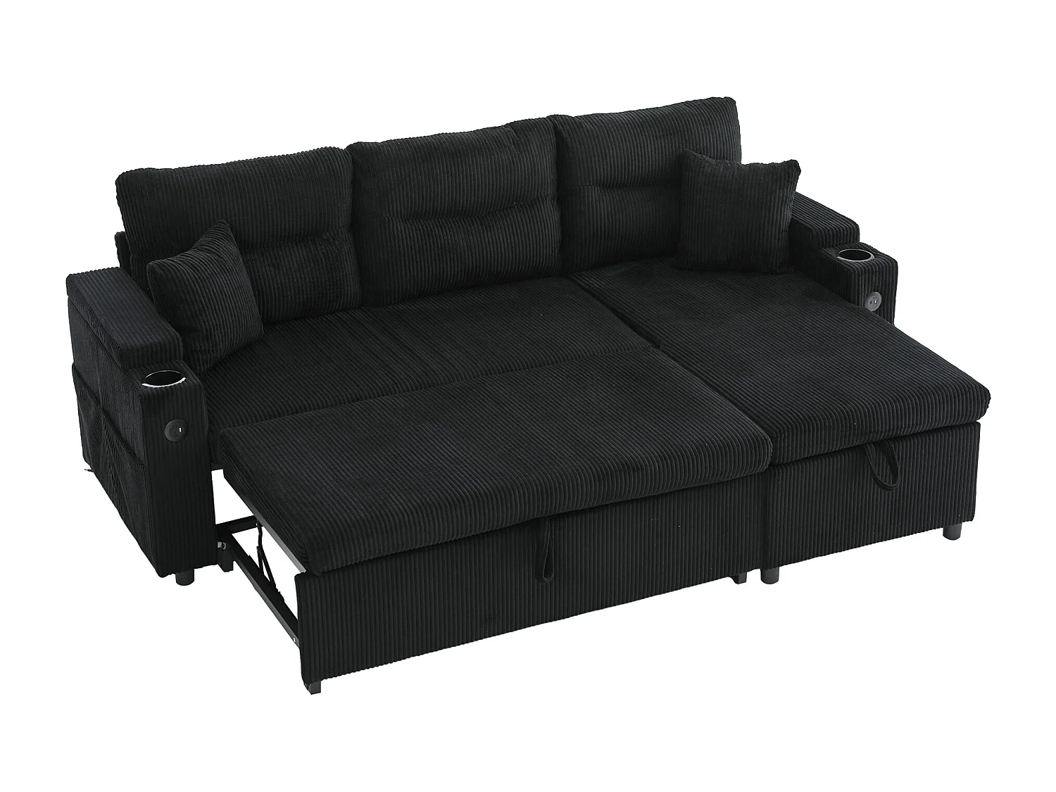 Sofá convertible de 3 plazas en pana negra - Almacenamiento, portavasos y puerto USB
