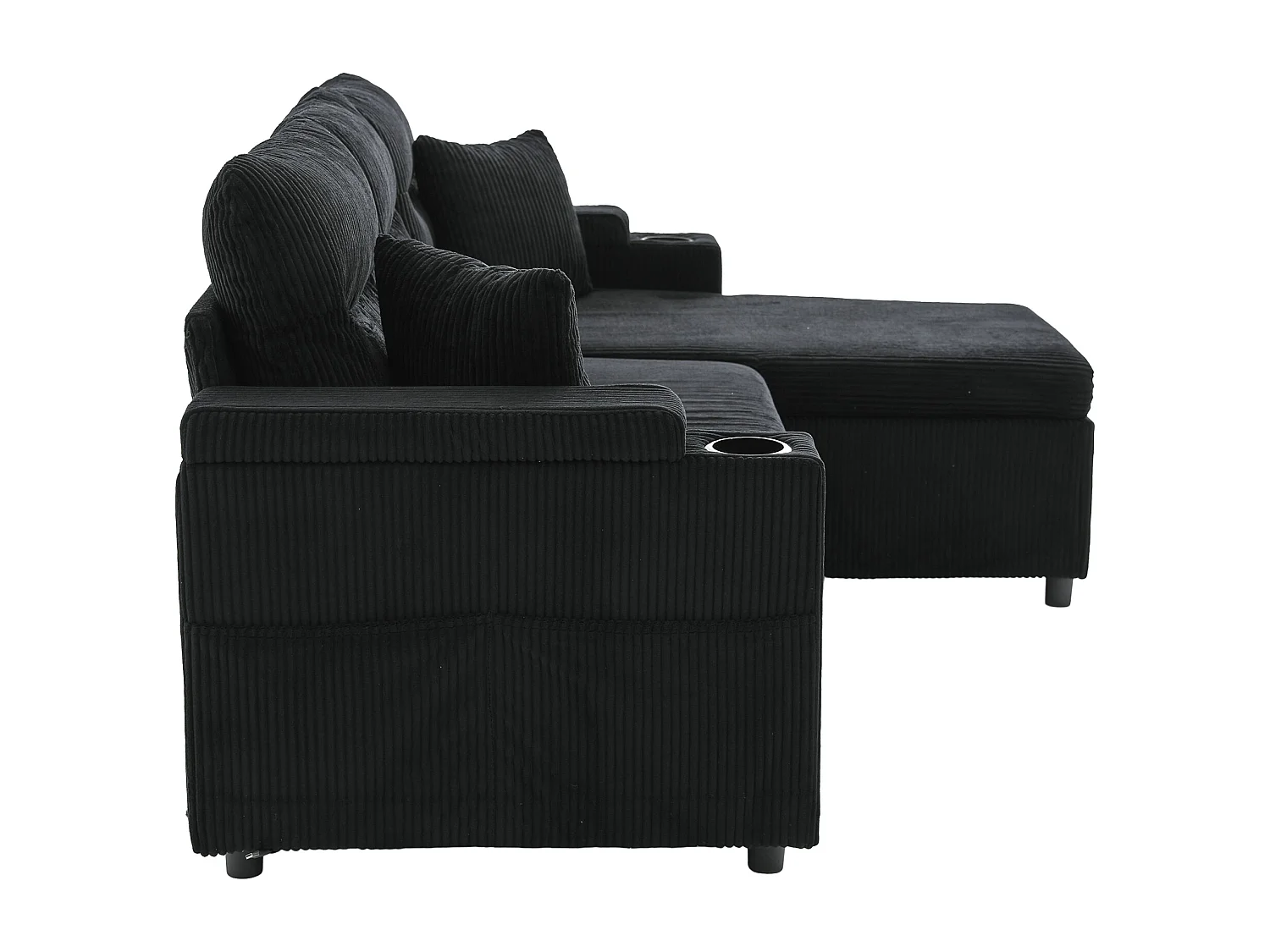 Sofá convertible de 3 plazas en pana negra - Almacenamiento, portavasos y puerto USB