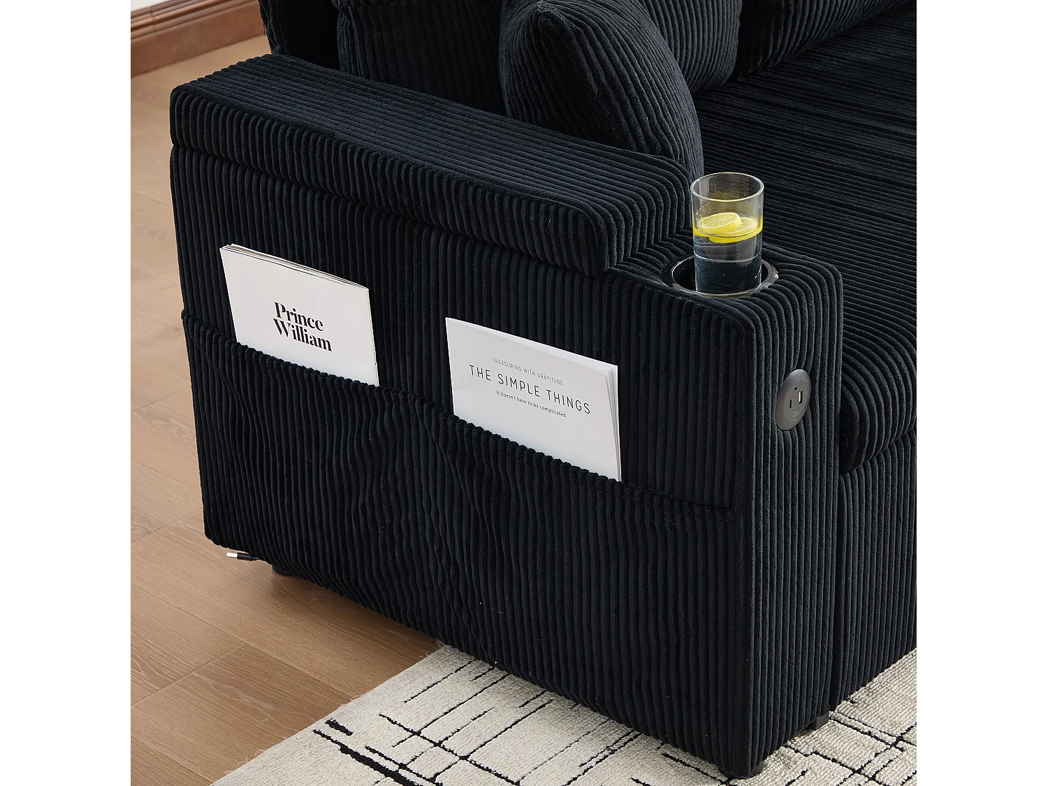 Sofá convertible de 3 plazas en pana negra - Almacenamiento, portavasos y puerto USB