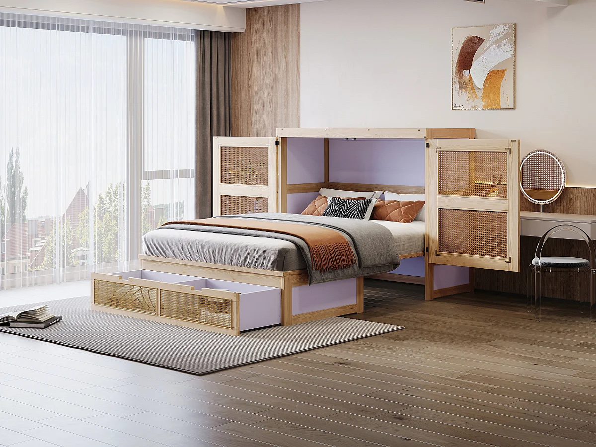 Letto a scomparsa 140x200 cm con rete a doghe e 2 cassetti - Naturale chiaro